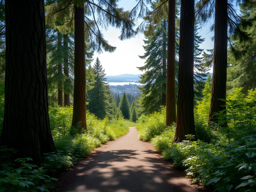 Business professional hiking in Discovery Park with Seattle skyline view
