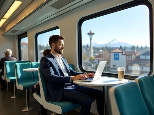 Business professional working on laptop on Seattle Light Rail with mountain view