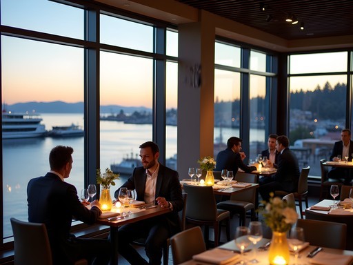 Upscale waterfront restaurant in Seattle with business professionals dining