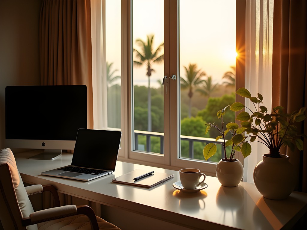 Luxury hotel workspace setup at Capella Singapore with laptop, portable monitor and harbor view