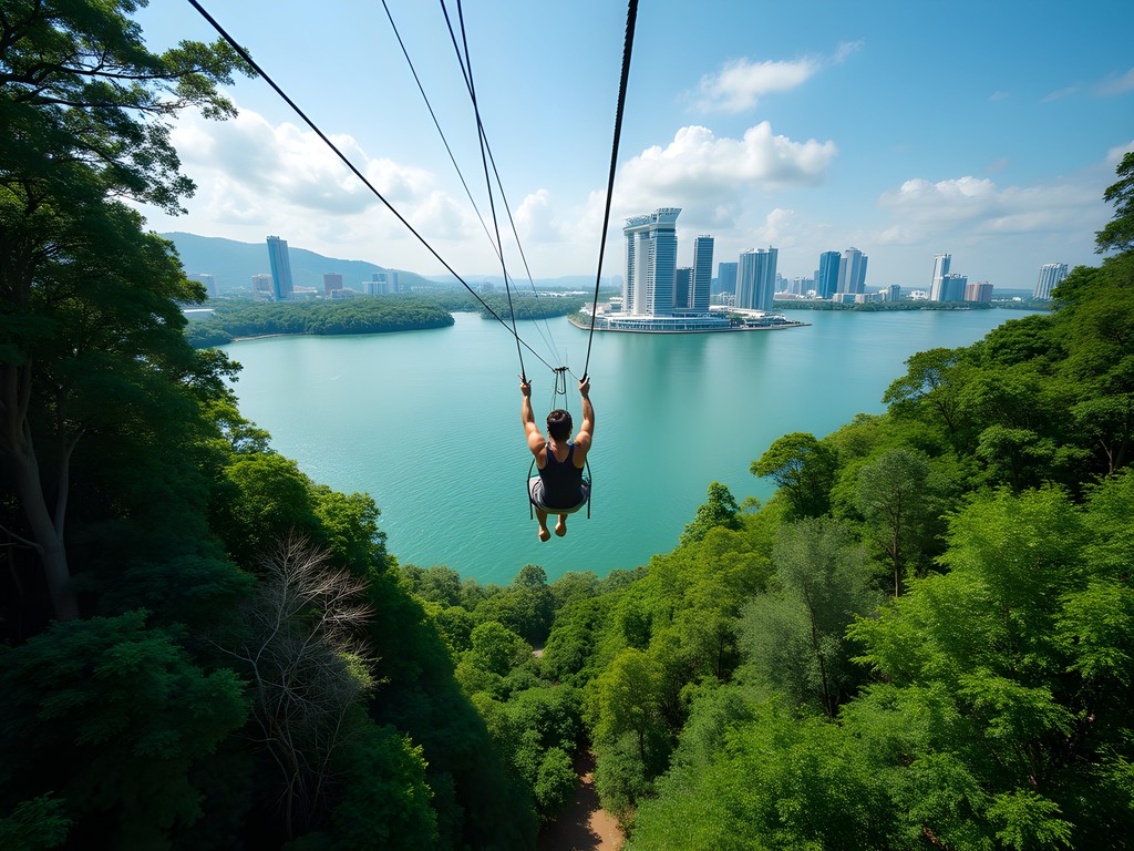 Business professional enjoying the MegaZip zipline adventure on Sentosa Island with Singapore skyline in background