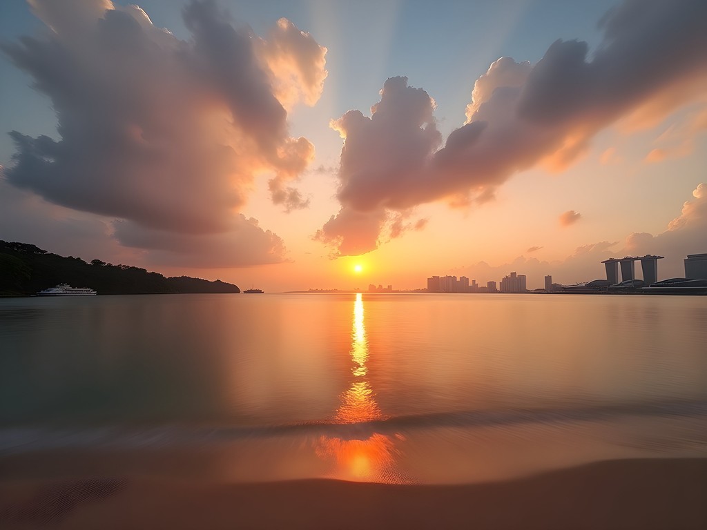 Business traveler photographing sunrise at Sentosa Island with Singapore harbor in background
