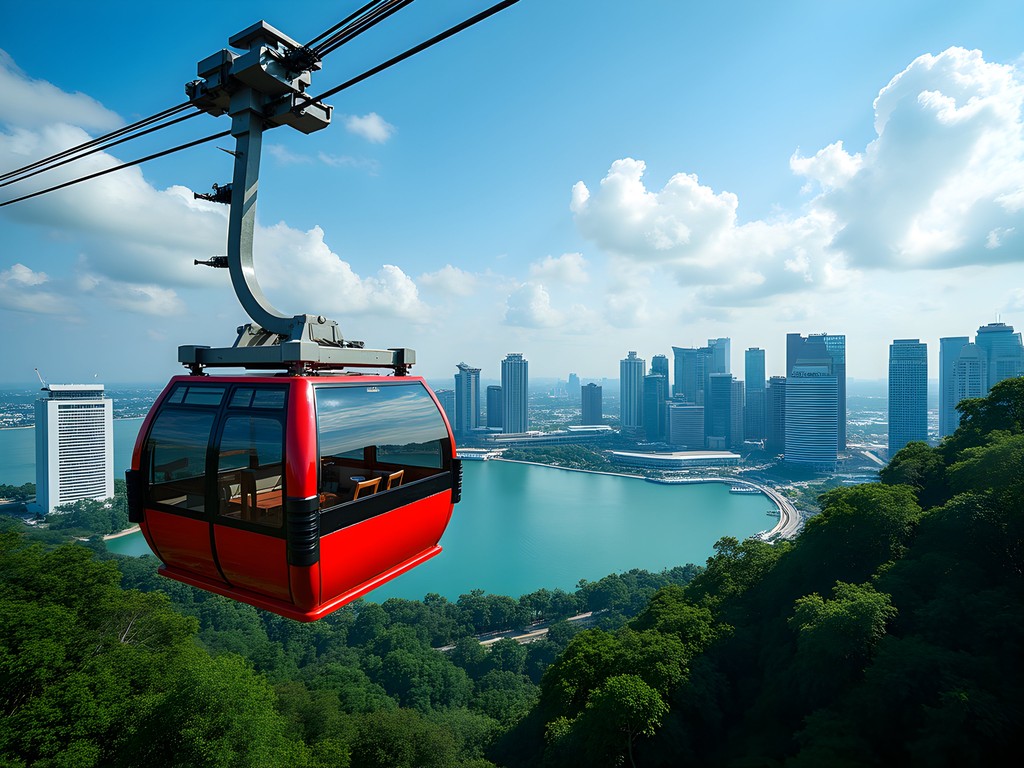 Aerial view from Singapore Cable Car approaching Sentosa Island with business district skyline in background