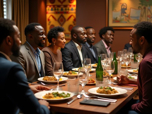 Business professionals sharing traditional Gambian meal at restaurant in Serekunda