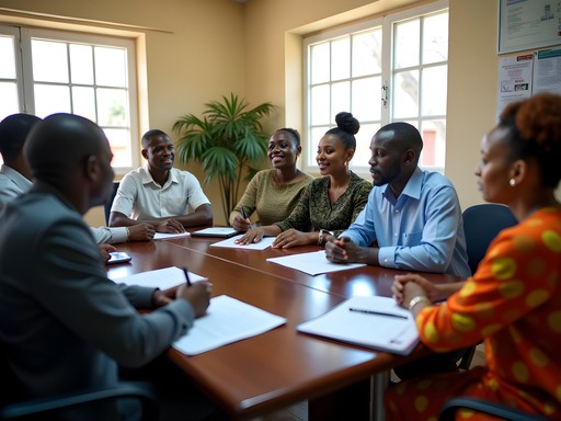 Business professionals in mix of Western and traditional Gambian attire during meeting