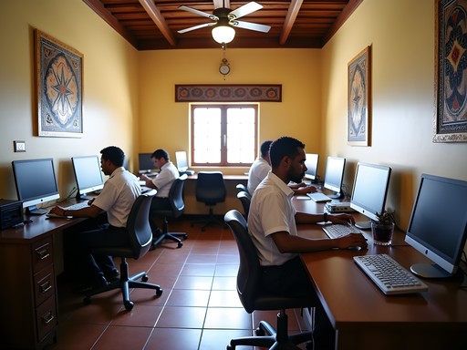 Professional working in business center of Serekunda hotel with traditional décor