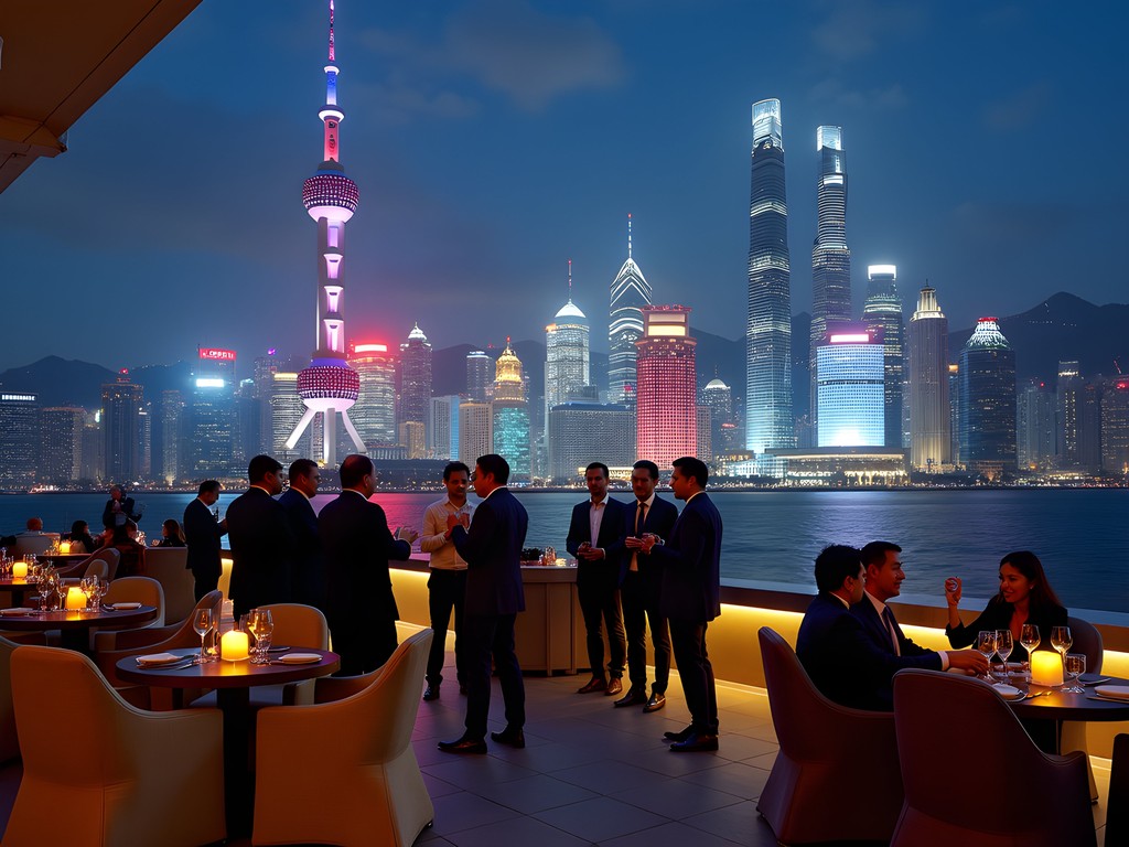 Business professionals networking at exclusive Shanghai rooftop bar with illuminated Pudong skyline