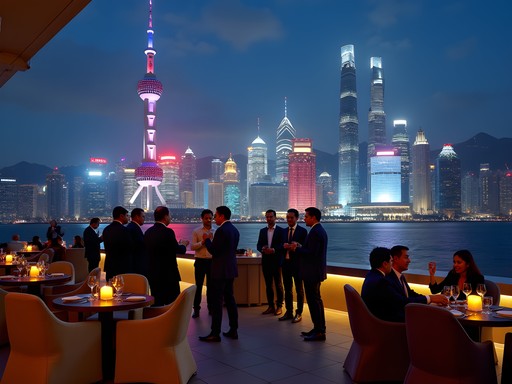 Business professionals networking at exclusive Shanghai rooftop bar with illuminated Pudong skyline