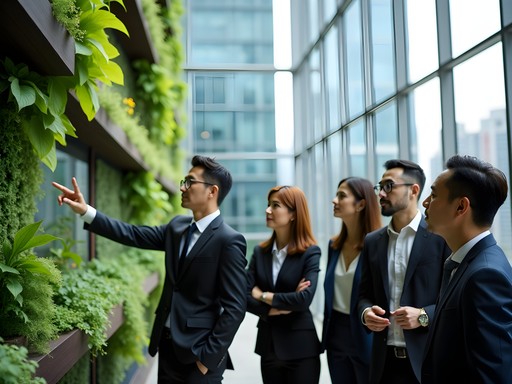 Business professionals touring sustainable architecture features in Shanghai with professional guide