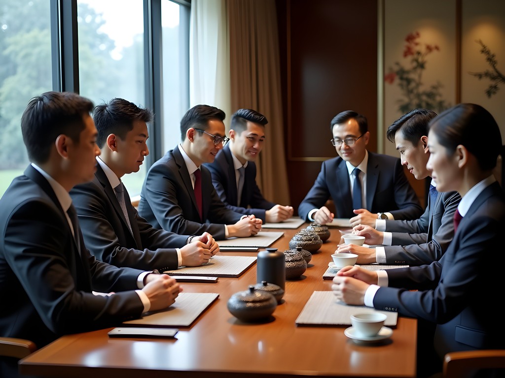 Business professionals participating in traditional Chinese tea ceremony in upscale Shanghai venue