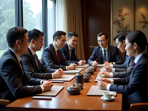 Business professionals participating in traditional Chinese tea ceremony in upscale Shanghai venue