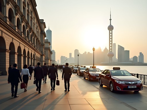 The historic Bund waterfront promenade in Shanghai with colonial architecture and business professionals commuting