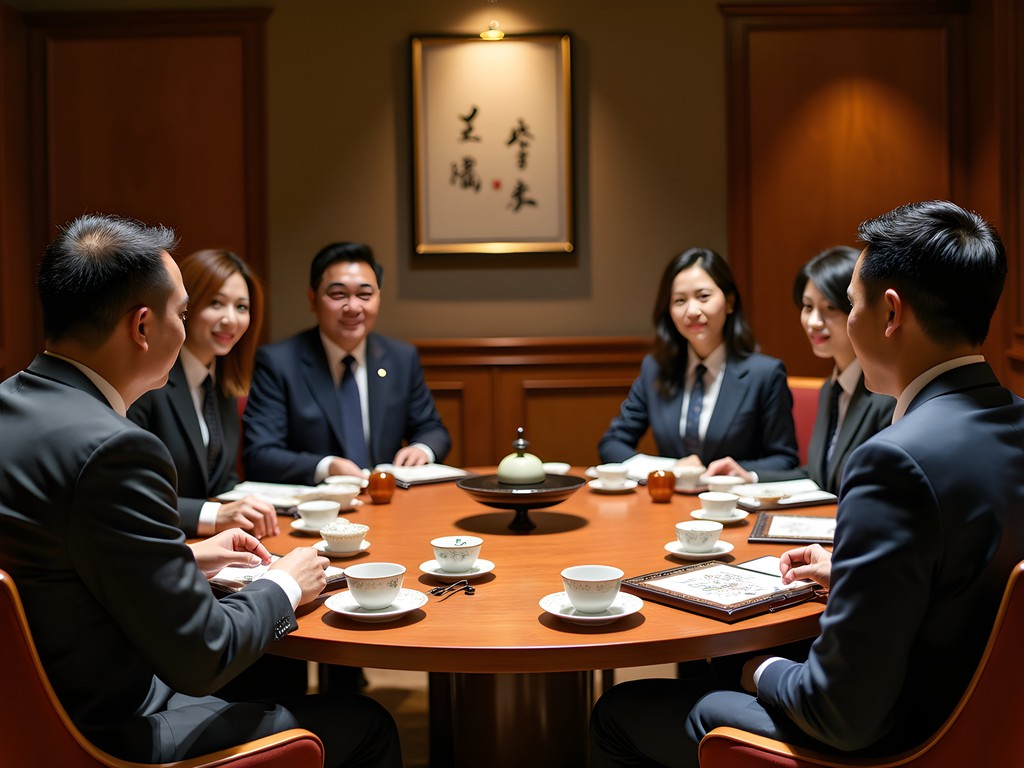 Traditional Chinese business dinner with executives sharing tea ceremony in private dining room