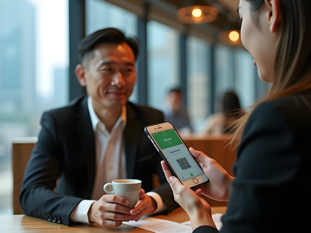 Business professional using WeChat Pay in Shanghai cafe with QR code scanning