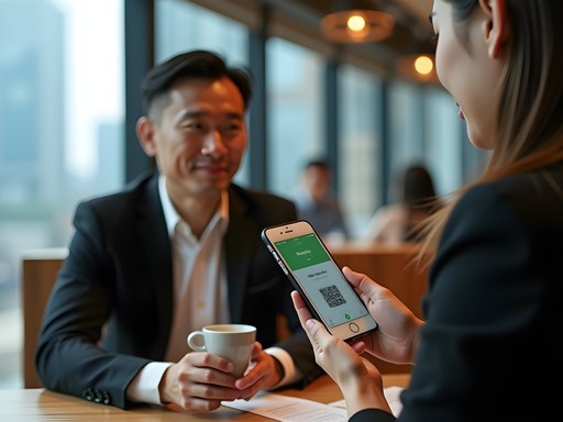 Business professional using WeChat Pay in Shanghai cafe with QR code scanning