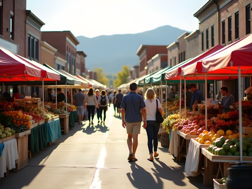 Sheridan Wyoming Farmers Market with local produce and mountain backdrop