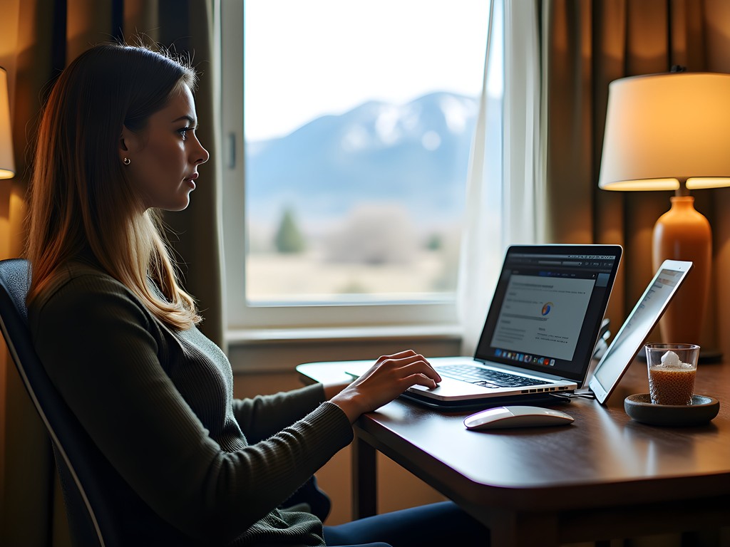 Professional hotel room workspace setup in Sheridan Wyoming with ergonomic accessories