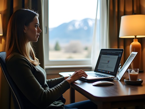 Professional hotel room workspace setup in Sheridan Wyoming with ergonomic accessories