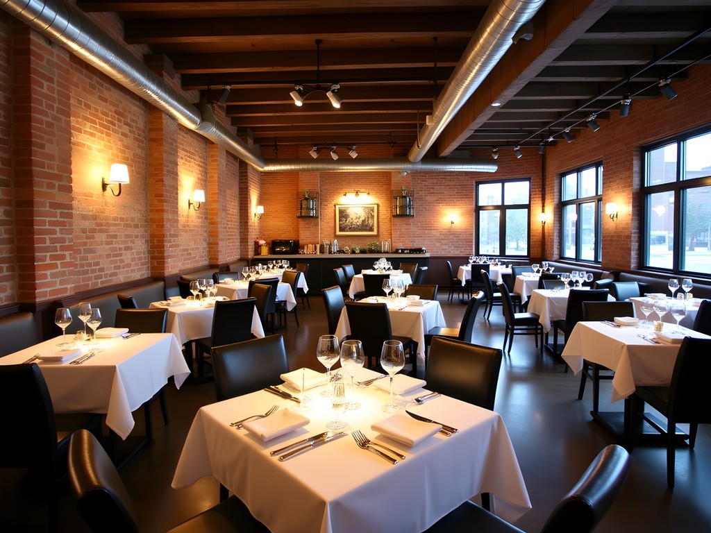 Restaurant interior in historic building with exposed brick and original architectural features