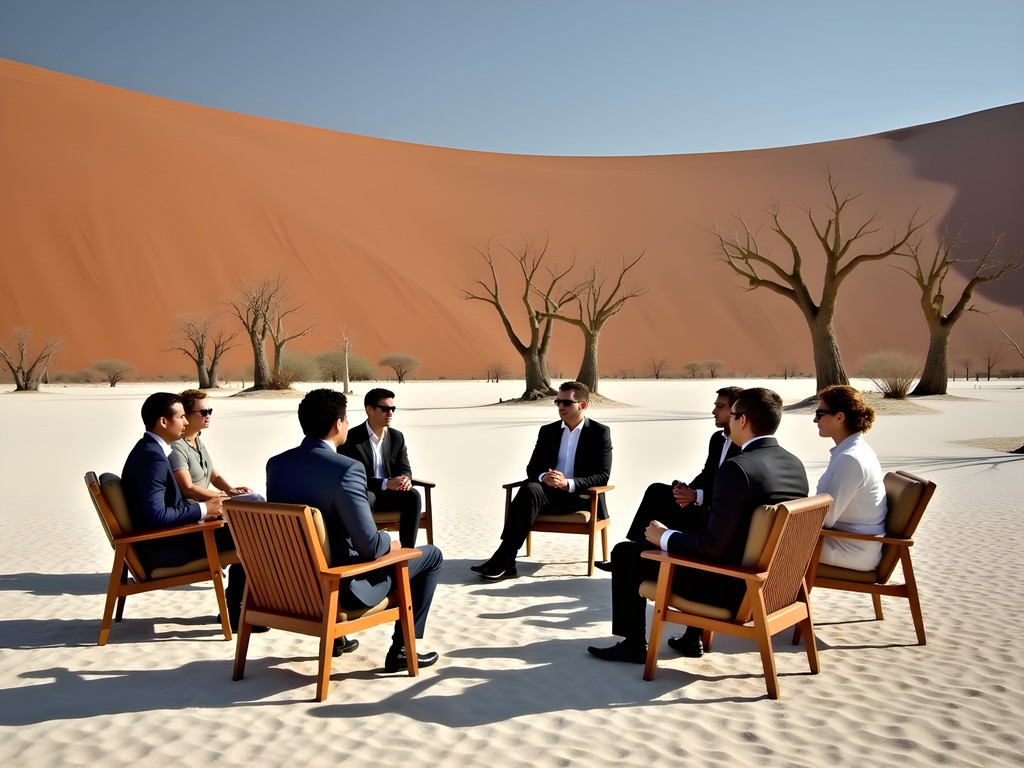 Business team in discussion circle at Dead Vlei with ancient trees and dunes backdrop