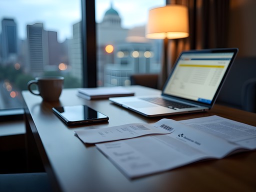 Business traveler organizing receipts and expenses in South Bend hotel room