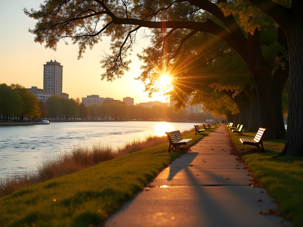 Business traveler relaxing along St. Joseph River walk at sunset in South Bend