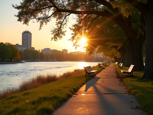 Business traveler relaxing along St. Joseph River walk at sunset in South Bend