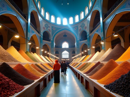 Vibrant dome interior of Chorsu Bazaar in Tashkent with colorful spice displays