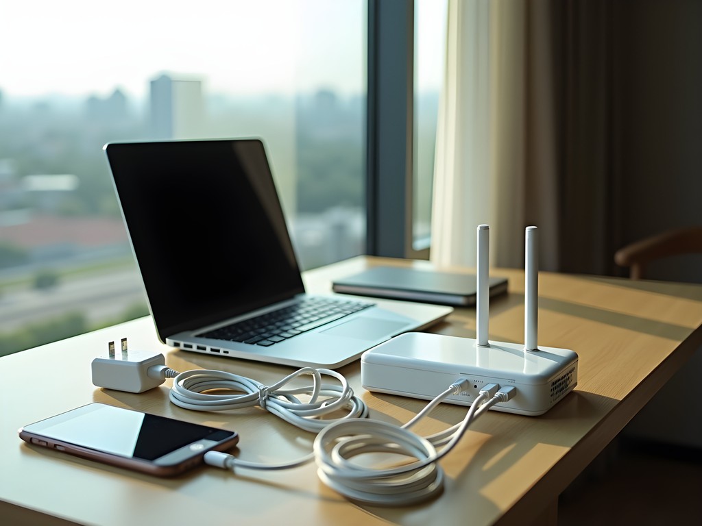 Business professional working on laptop with mobile connectivity setup in Tashkent hotel