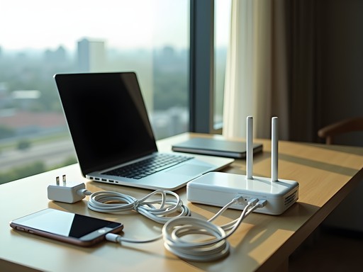 Business professional working on laptop with mobile connectivity setup in Tashkent hotel