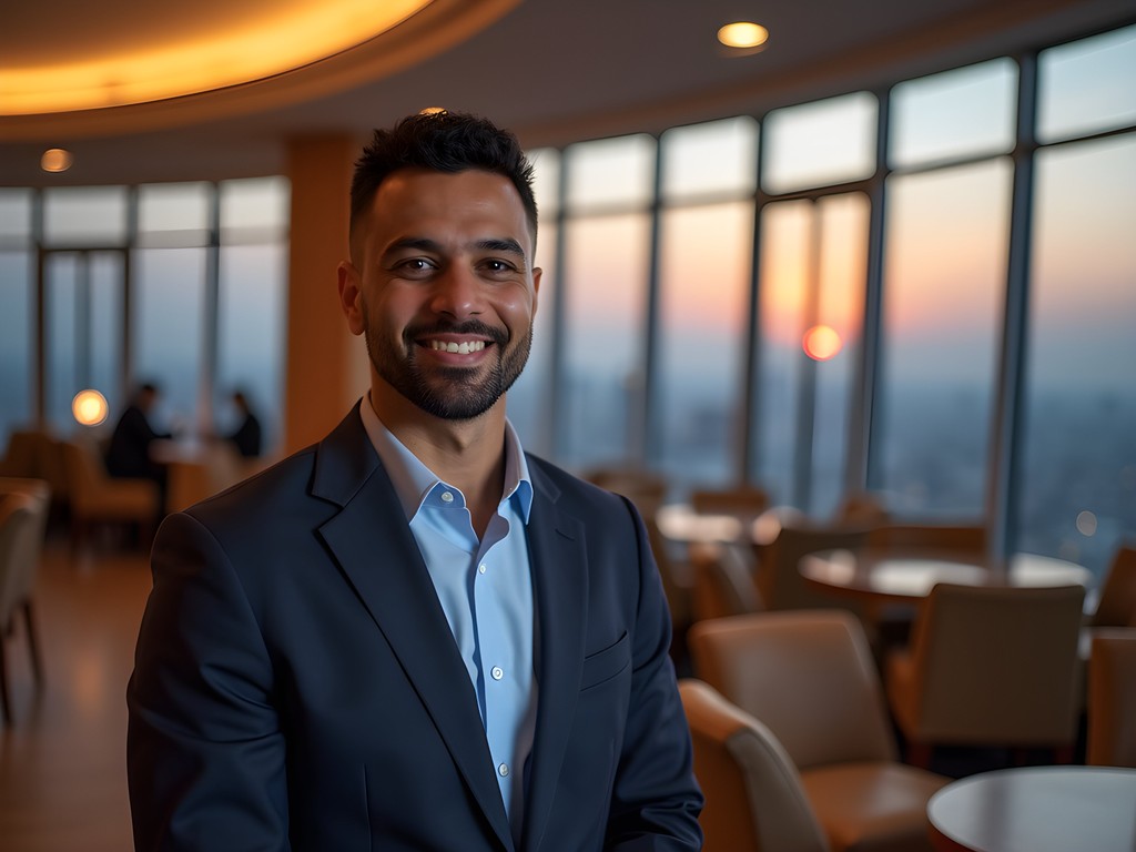 Business executive enjoying panoramic views from Hyatt Regency Tashkent Club Lounge