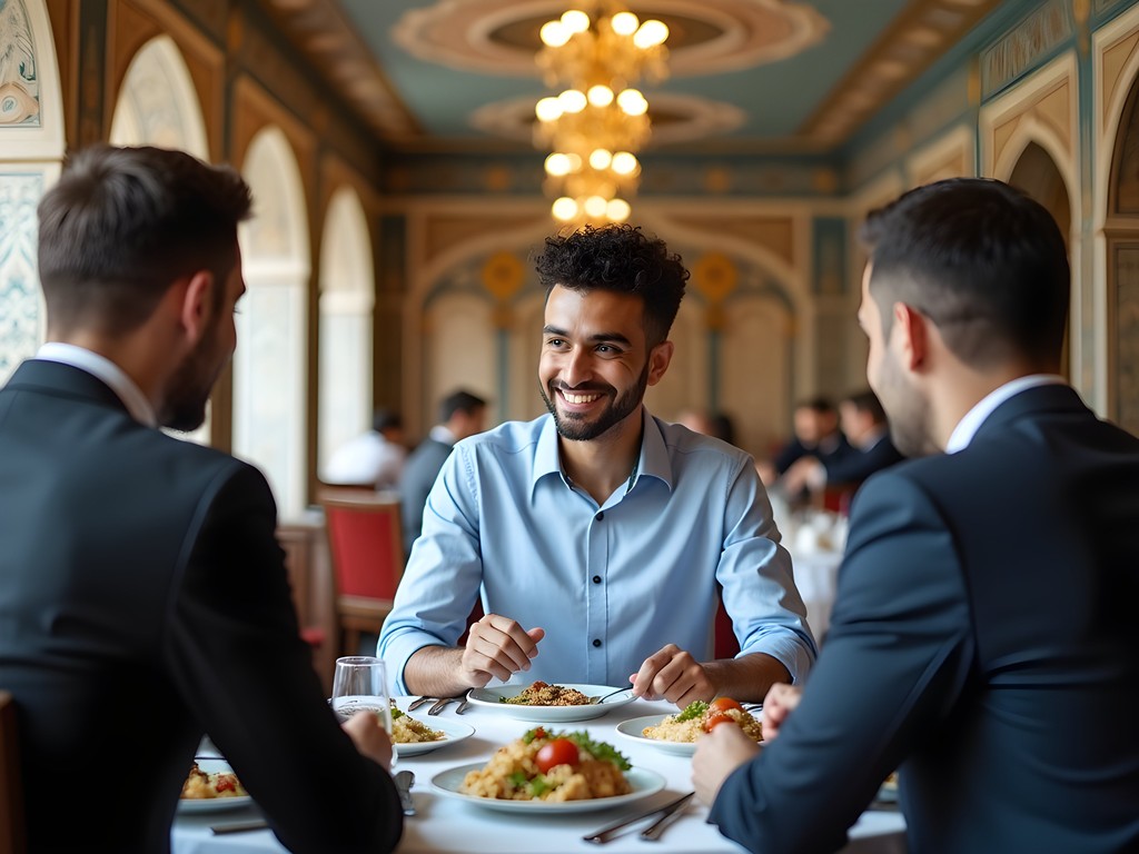 Business executive enjoying traditional Uzbek business lunch with local partners