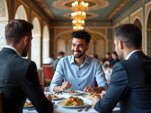 Business executive enjoying traditional Uzbek business lunch with local partners