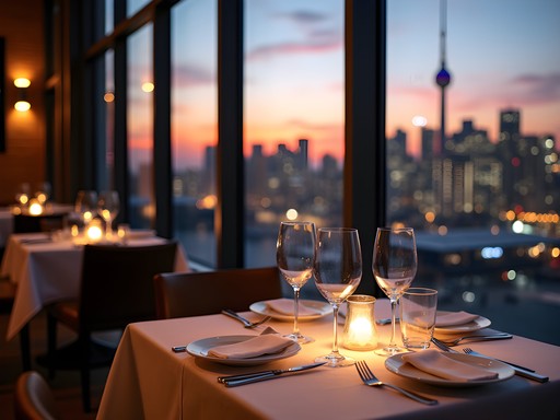 Elegant business dinner setting with Toronto skyline views at sunset