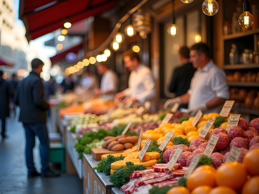 Vibrant food stalls at Marché Victor Hugo in Toulouse with vendors and fresh local produce