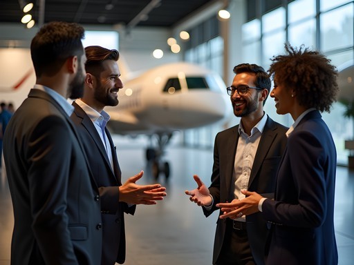 Business professionals discussing aerospace innovations at Aeroscopia museum in Toulouse