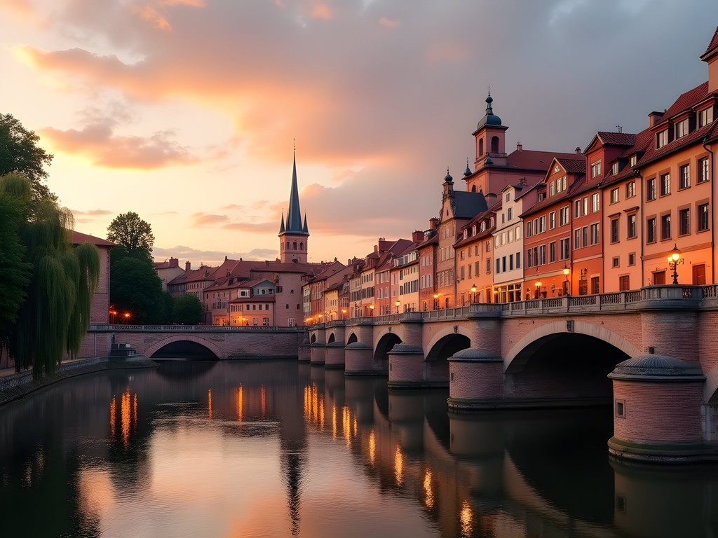 Pont Neuf bridge in Toulouse at sunset with golden light illuminating the pink buildings