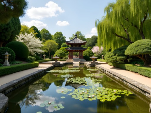 Business traveler working on laptop in Toulouse's Japanese Garden with pagoda in background