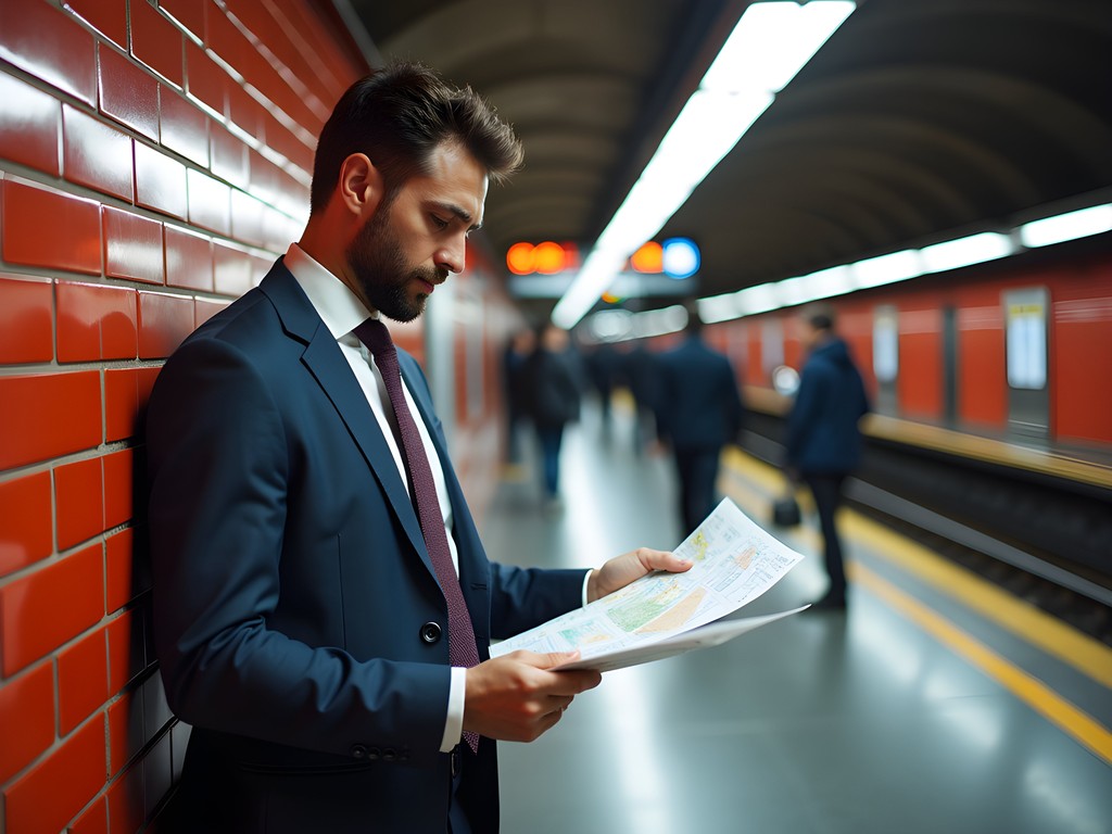 Modern Toulouse metro station with business traveler checking transit map