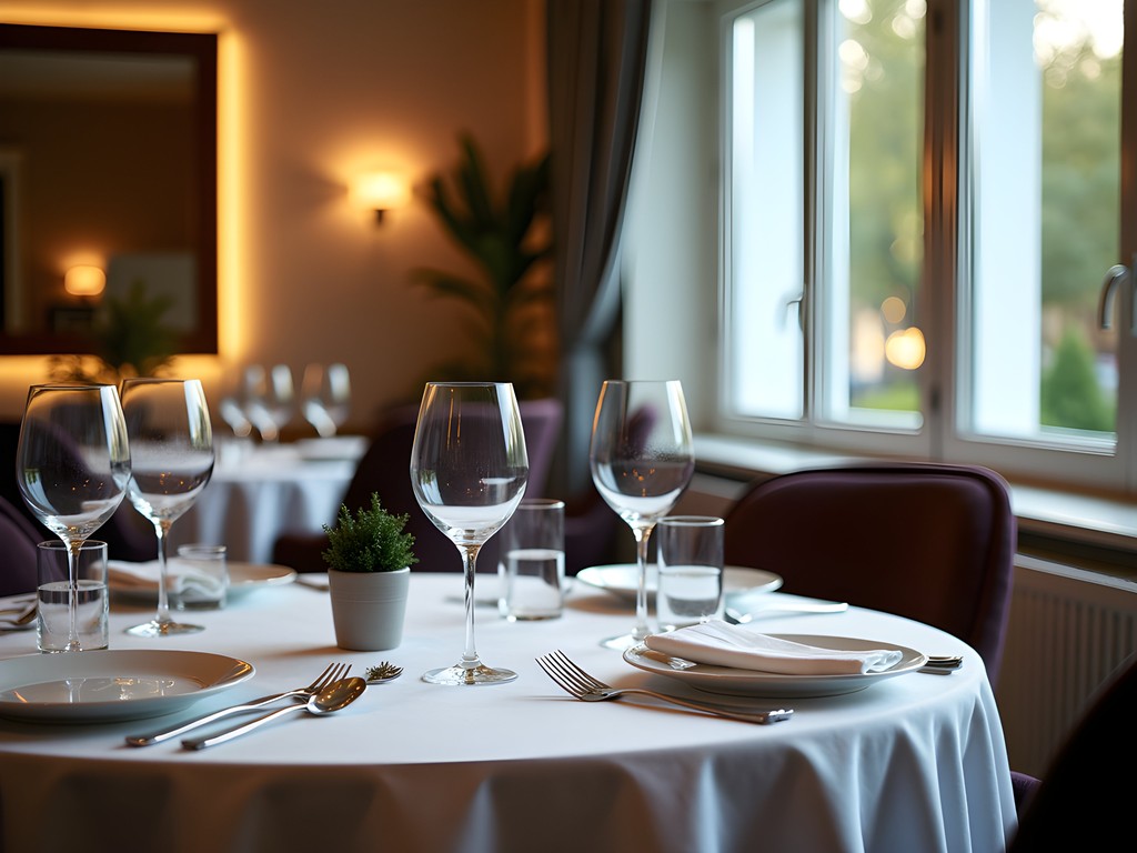 Elegant business dinner setting in upscale Viennese restaurant