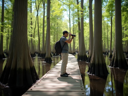 Educator exploring cypress swamp ecosystem in First Landing State Park