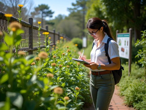 Educator examining medicinal plants at Edgar Cayce's A.R.E. garden in Virginia Beach