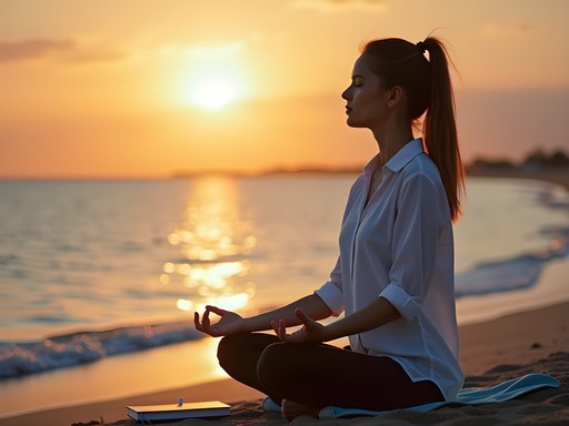 Professional woman practicing mindfulness during sunrise on Virginia Beach