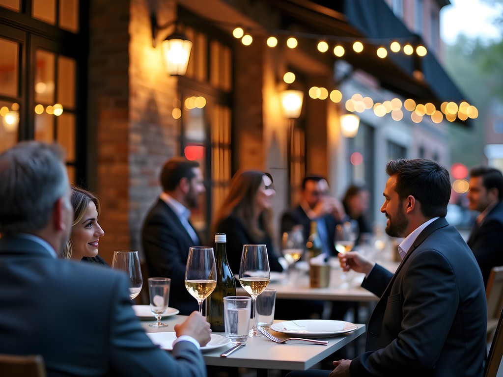 Evening wine tasting at La Tavola restaurant patio in Waterbury