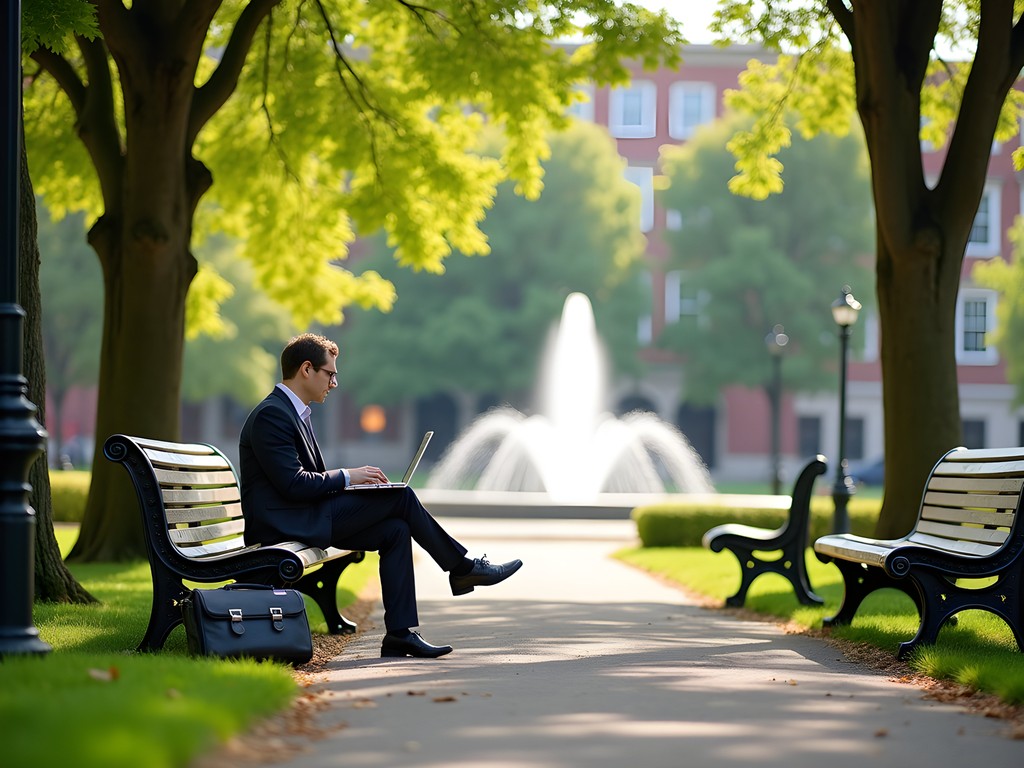 Business professional working on laptop in Library Park, Waterbury