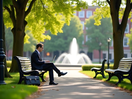 Business professional working on laptop in Library Park, Waterbury