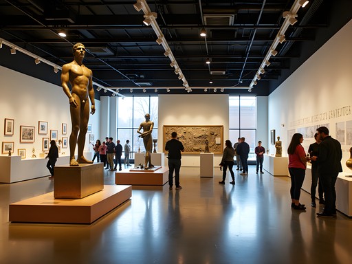 Interior of Mattatuck Museum in Waterbury showcasing industrial art exhibits