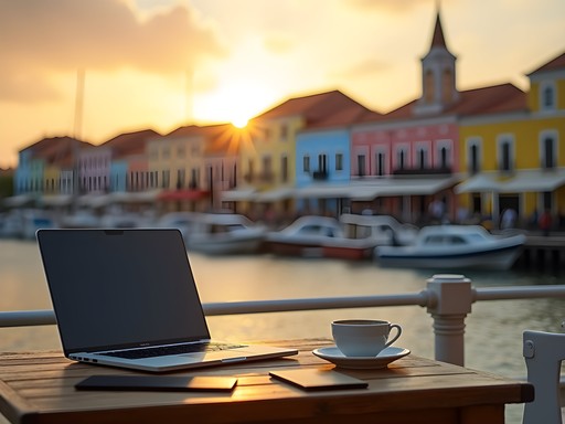 Laptop setup with colorful Handelskade buildings in background during golden hour