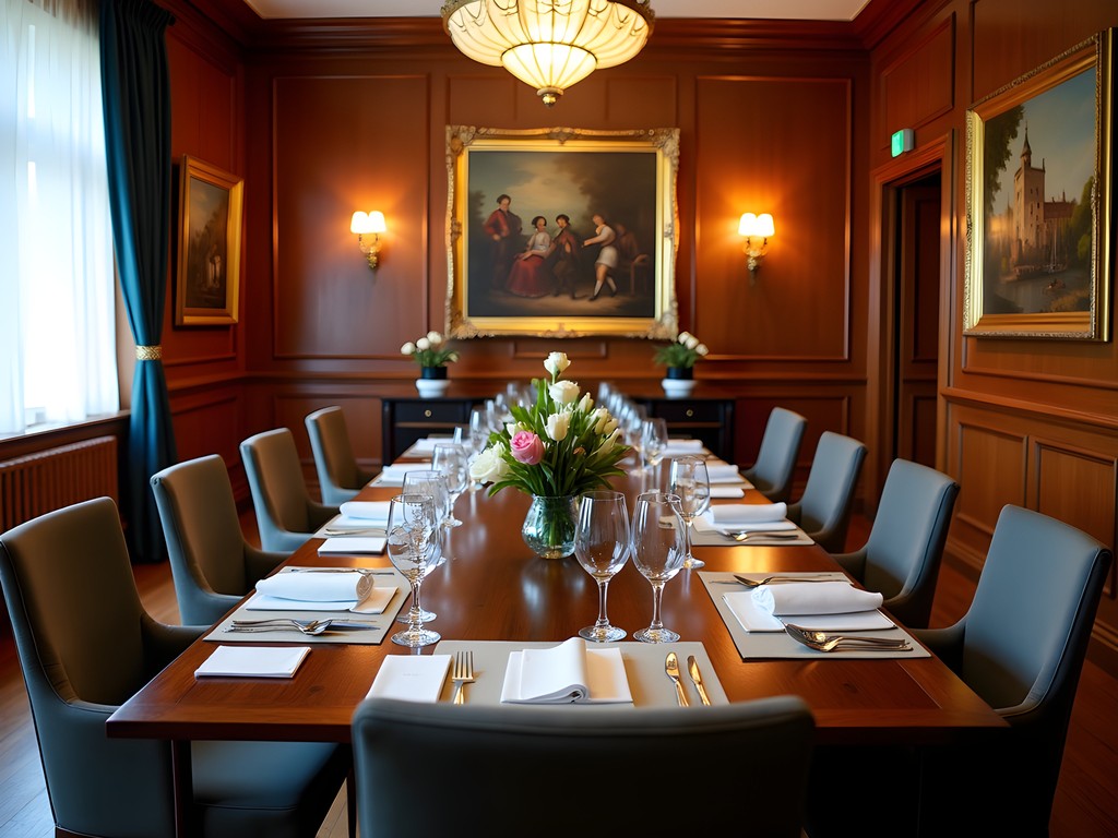 Elegant private dining room in Zurich set up for a business meeting