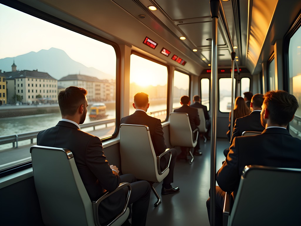 Business professional using public transportation in Zurich with mountain backdrop